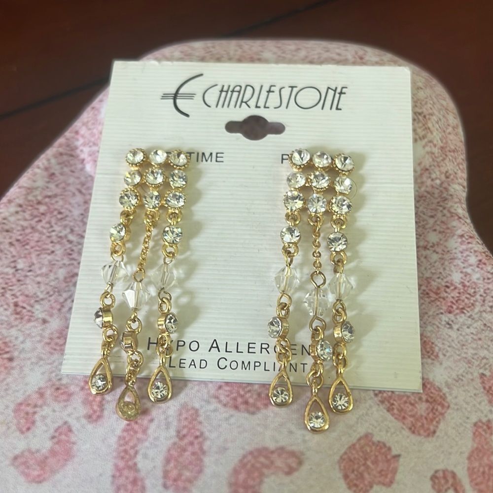 New Crystal Goldtone Dangle Charlestone Earrings